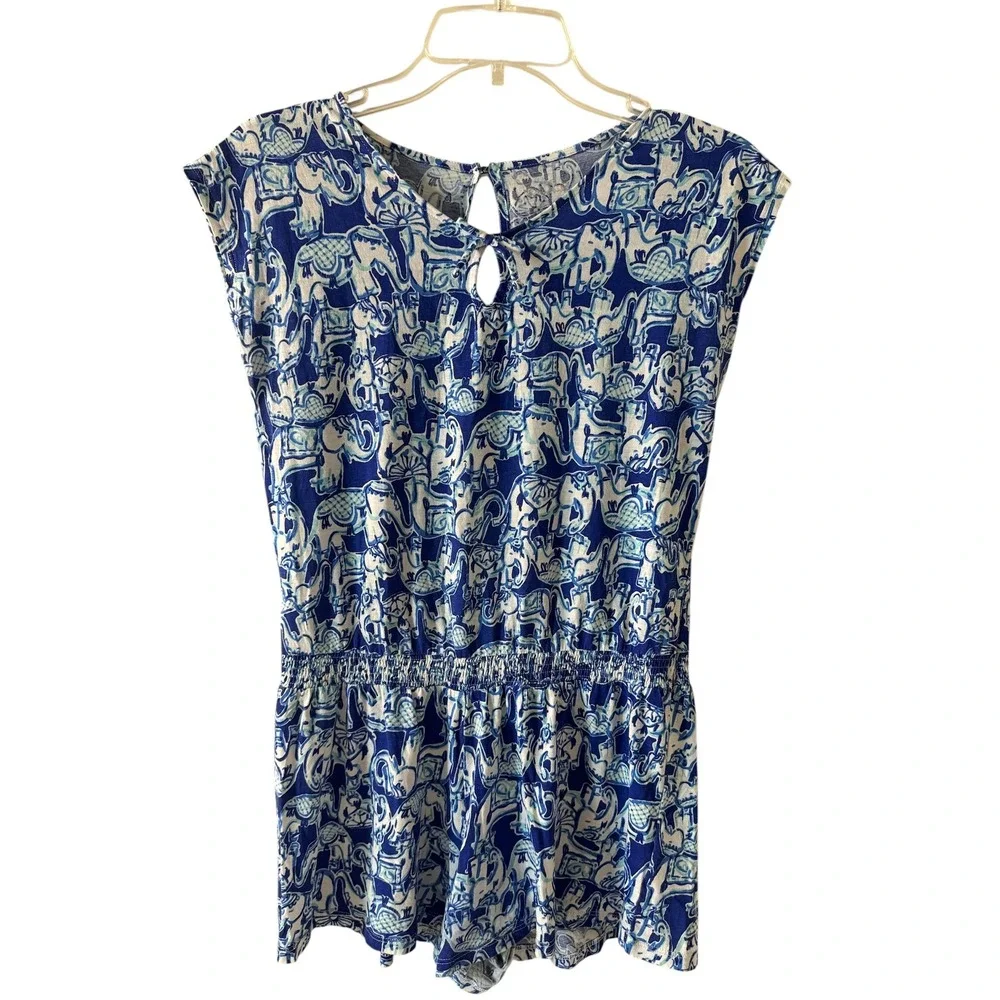 Lilly Pulitzer Girls Blue Elephant Print Cotton‎ Romper Size M 8-10 23401